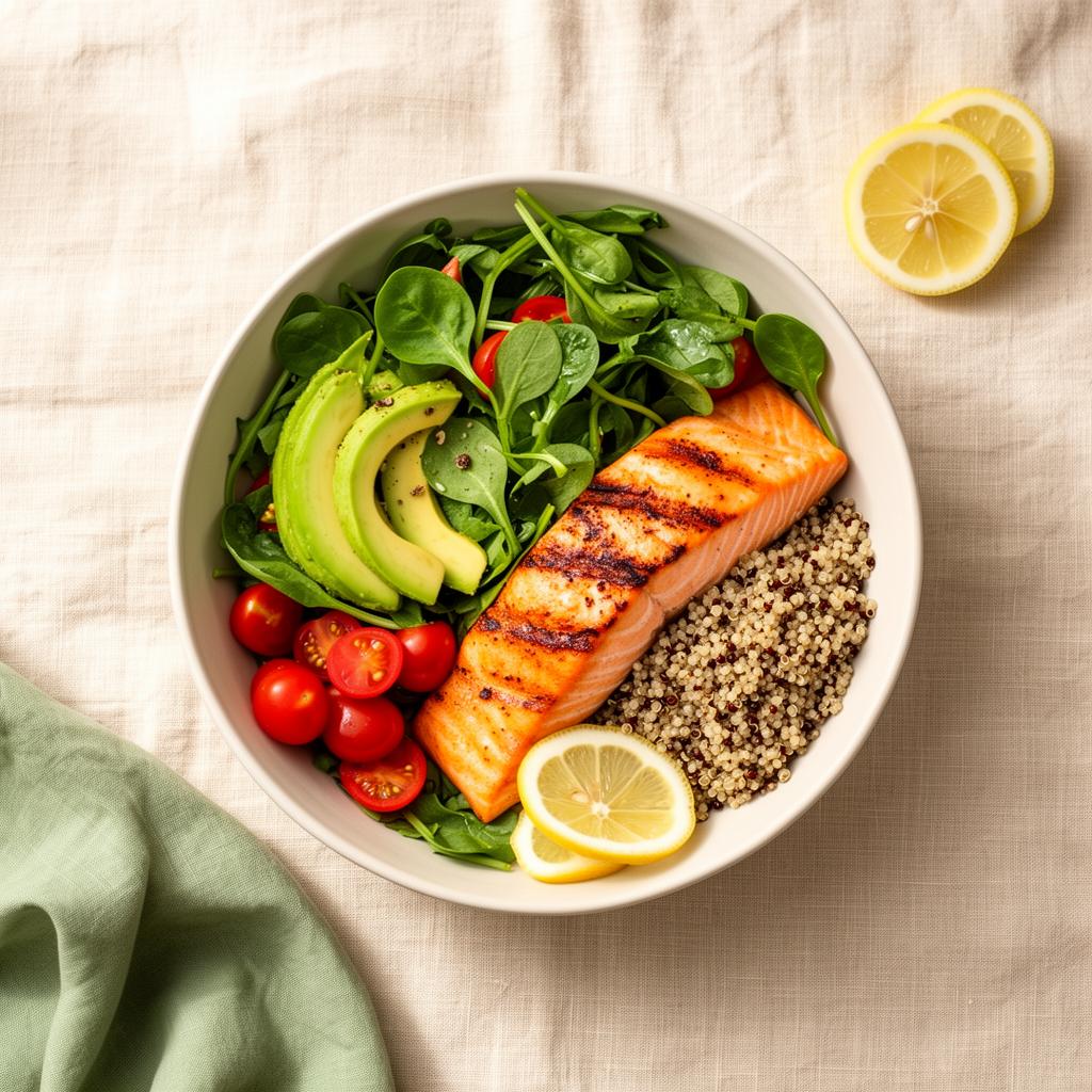 Refeição equilibrada com salmão, quinoa, salada e abacate